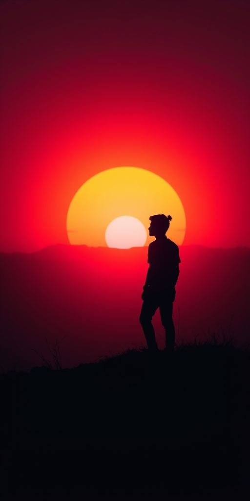 Create a high-resolution image of a silhouette of a person standing on a hill against a sunset background, captured with a DSLR camera using a 50mm lens, aperture f/1.8, ISO 100, shutter speed 1/200s, in a portrait orientation, emphasizing vibrant colors and contrast.