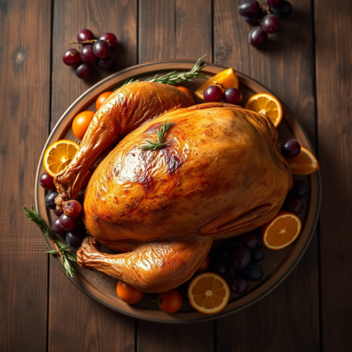 A beautifully roasted turkey placed on a rustic wooden table, garnished with grapes, orange slices, and rosemary, warm lighting to create a cozy atmosphere, shot with a Canon EOS 5D Mark IV, 50mm lens, f/2.8 aperture, ISO 100, 1/125 sec shutter speed, top-down view for an appetizing perspective.
