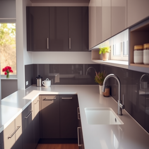 Create a clean and modern kitchen interior with a sleek sink and cabinetry, using soft natural lighting, set at f/4 aperture, ISO 200, 24mm lens, DSLR camera, wide-angle view, vibrant colors.