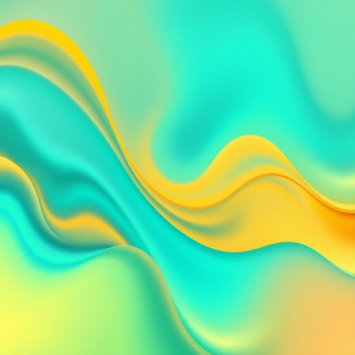 Create an abstract background featuring flowing shapes, soft gradients, and vibrant colors with a blend of aqua, yellow, and green tones, shot with a Canon EOS R5, 24mm lens, f/8 aperture, ISO 100, in landscape orientation, using HDR imaging for enhanced detail and depth.