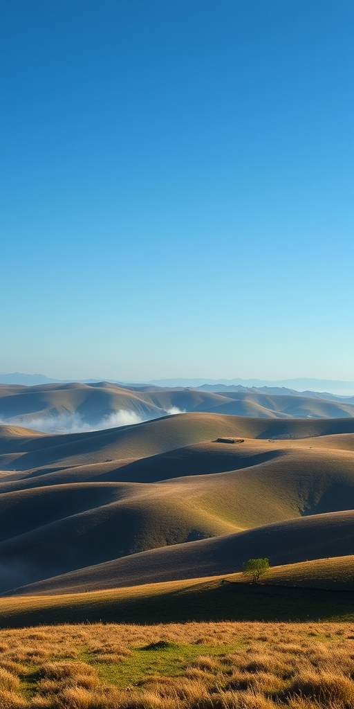 Create a high-resolution image of a serene landscape featuring rolling hills under a clear blue sky, captured with a Canon EOS R5 at f/8, ISO 100, 1/250 sec in landscape orientation using a wide-angle lens.
