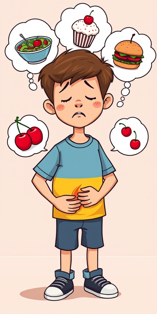 Create a cartoon-style image of a boy holding his stomach in discomfort, with thought bubbles containing a bowl of salad, a cupcake, a burger, and cherries, use a DSLR camera with a 50mm lens, f/2.8 aperture, ISO 100, and a vibrant color scheme to enhance image clarity.