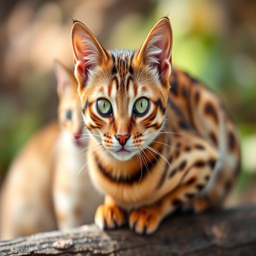 close-up of a Bengal cat with striking green eyes sitting on a log, shallow depth of field, natural light, aperture f/2.8, ISO 200, 50mm lens, DSLR camera, portrait orientation, soft bokeh background with blurred cats.