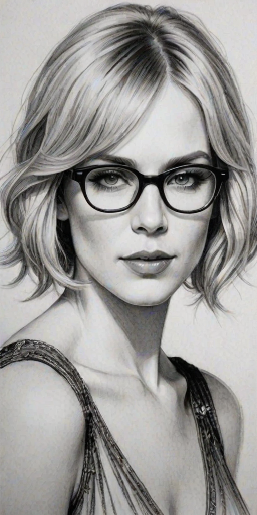 Wonderful Natasha Bedingfield, pencil sketch, portrait of Exquisite woman 1920s in glasses, hair style beatnik, outline, clear lines, fine lines, 8k
