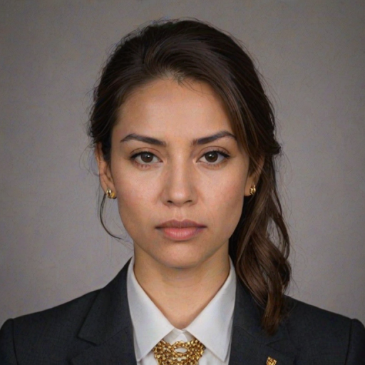 High quality passport photo of a woman wearing a suit and tie looking directly at the camera with her mouth closed and a neutral expression. She is also wearing a delicate gold chain and some understated diamond earrings.