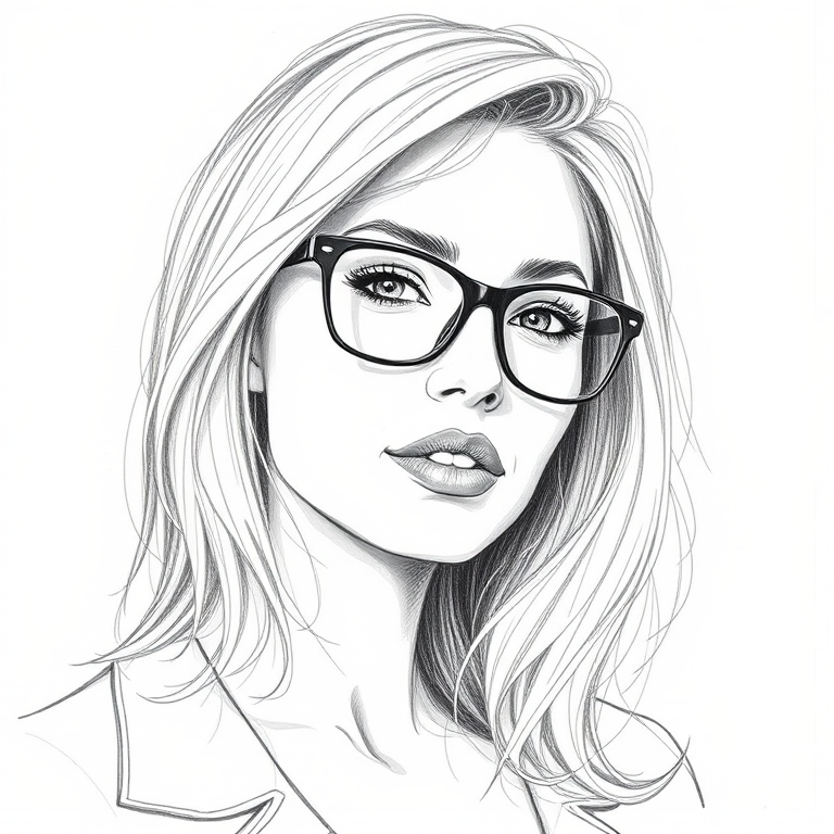 Beautiful Cameron Diaz, pencil sketch, portrait of beautiful woman 60s in glasses, hair style beatnik, outline, clear lines, fine lines, 8k