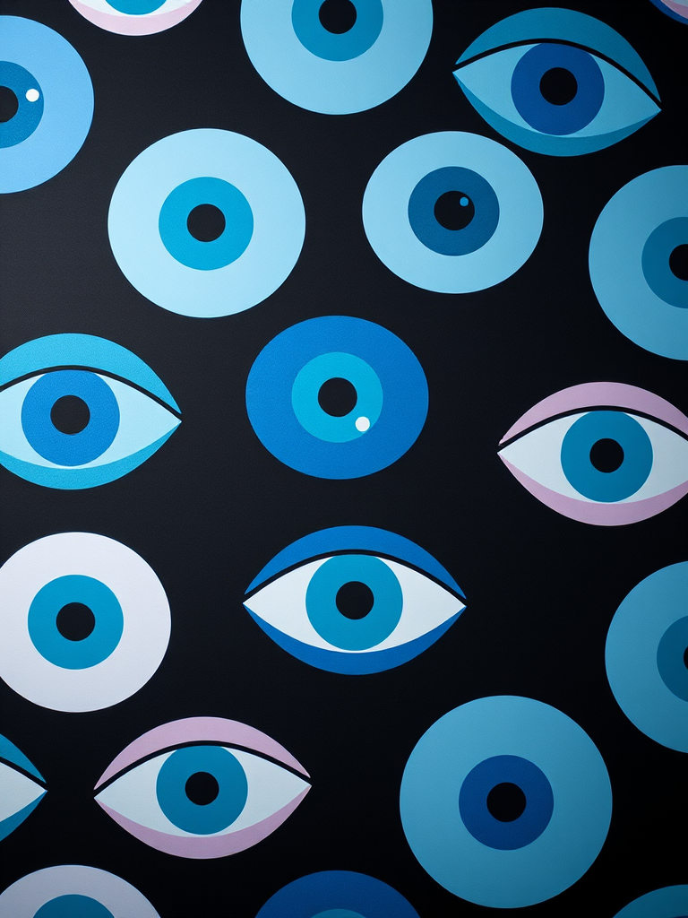 Create a pattern of stylized eyes in varying shades of blue and pastel colors on a dark background, using a DSLR camera with a 50mm lens, f/1.8 aperture, ISO 100, 1/200 sec shutter speed, top-down view, and soft lighting to enhance colors and details.