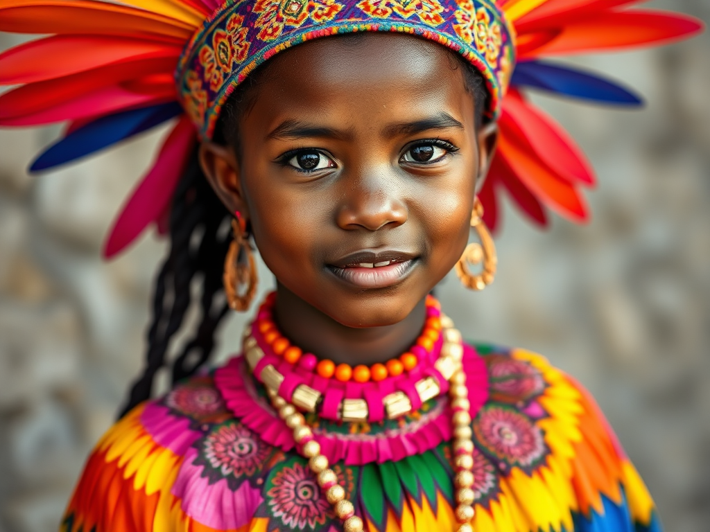 A beautiful Garifuna girl, wearing colorful bird clothing with vibrant colors