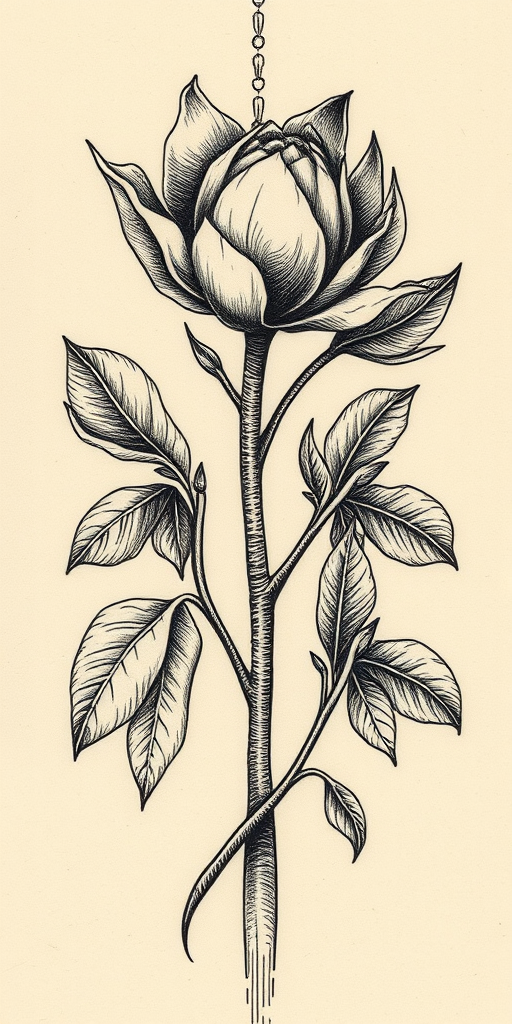 Etching style tattoo called "Vintage Engraving" resembling an intricate woodcut or copper plate illustration, with fine lines and crosshatching creating depth and texture, inspired by scientific and botanical drawings from the Victorian era