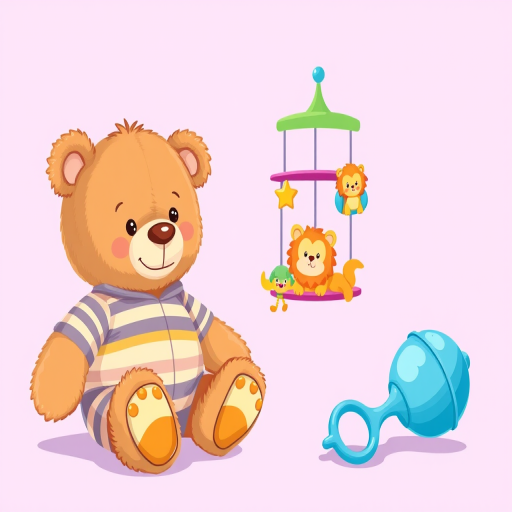 Create a vibrant digital illustration featuring a playful teddy bear in a striped outfit, cartoonish baby feet, a colorful mobile with cheerful animals, and a blue rattle, with a soft lavender background, shot with a 50mm lens, f/1.8 aperture, in natural light to enhance colors and details.