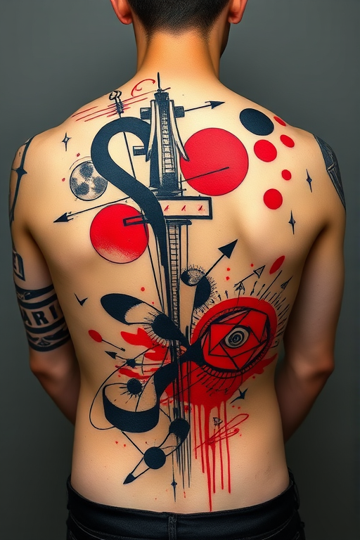 Avant-garde trash polka body tattoo combining abstract shapes, typography, and photorealistic elements on the back, using bold red and black ink for a striking contrast