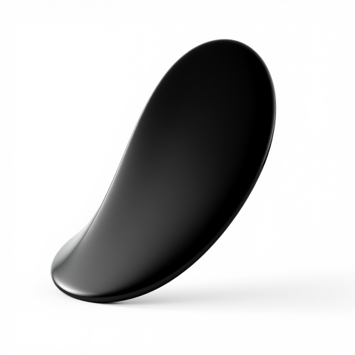 Generate a high-quality image of a glossy, curved black shape with smooth edges, using a DSLR camera, aperture f/2.8, ISO 100, focal length 50mm, from a frontal view with soft natural lighting.
