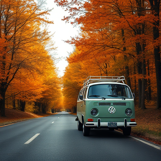 Vintage Volkswagen van parked along a scenic autumn road surrounded by tall trees with orange and yellow leaves, shot with a Canon EOS R5, 24mm lens, f/8 aperture, ISO 100, 1/250 sec, natural light, vibrant colors, slightly elevated angle for depth.