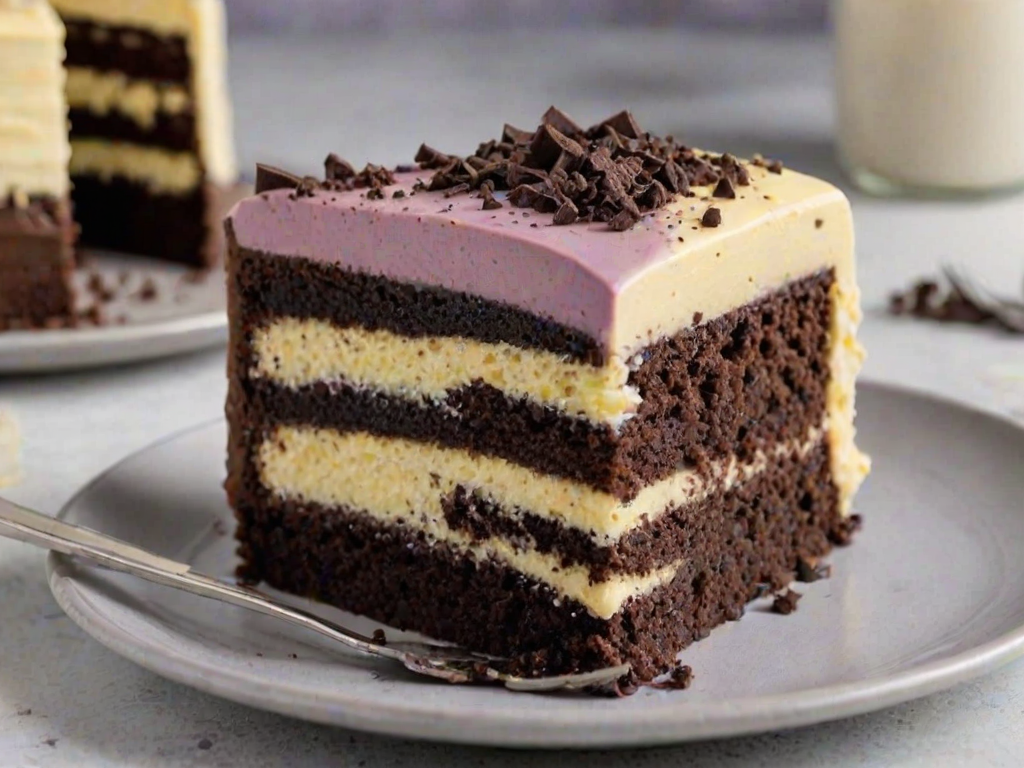 Generate an image of a slice of layered cake with a creamy texture. The cake has a light yellow interior with dark chocolate cookie crumbs mixed in. The outer layer is a smooth, light purple frosting, and the slice is presented on a simple plate, showcasing its fluffy and moist appearance.