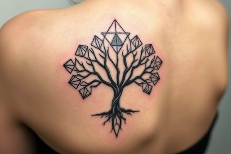 Minimalist blackwork tattoo showcasing a series of interconnected geometric shapes forming a stylized tree of life, with negative space creating intricate branch patterns and subtle shading techniques