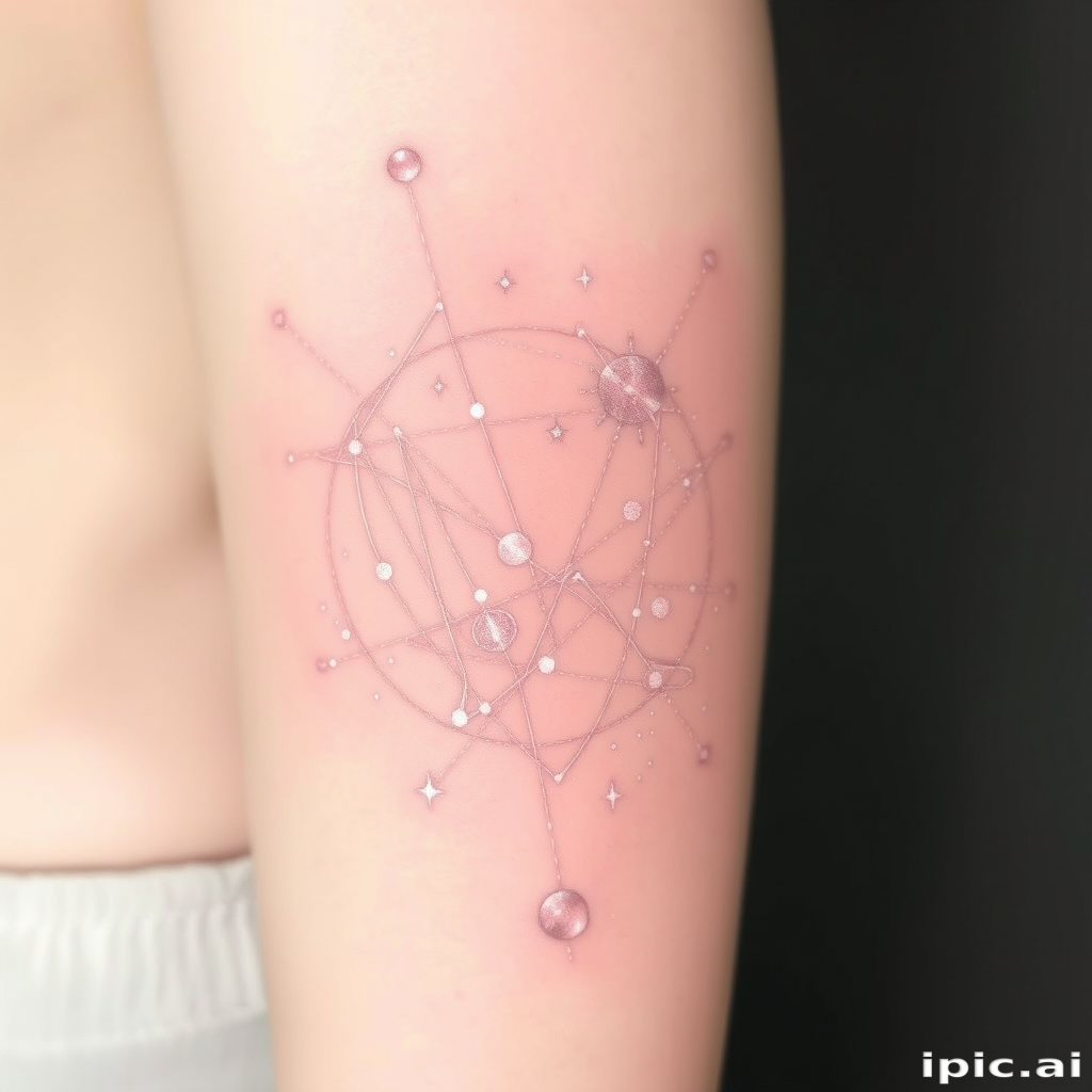 Ethereal white ink tattoo called "Celestial Whispers" showcasing a delicate constellation map of stars and planets connected by gossamer-thin lines barely visible against the skin creating a subtle shimmer effect that becomes more prominent in certain lighting conditions incorporating microscopic details of cosmic phenomena such as nebulae and galaxies rendered in varying opacities of white ink to create depth and dimension