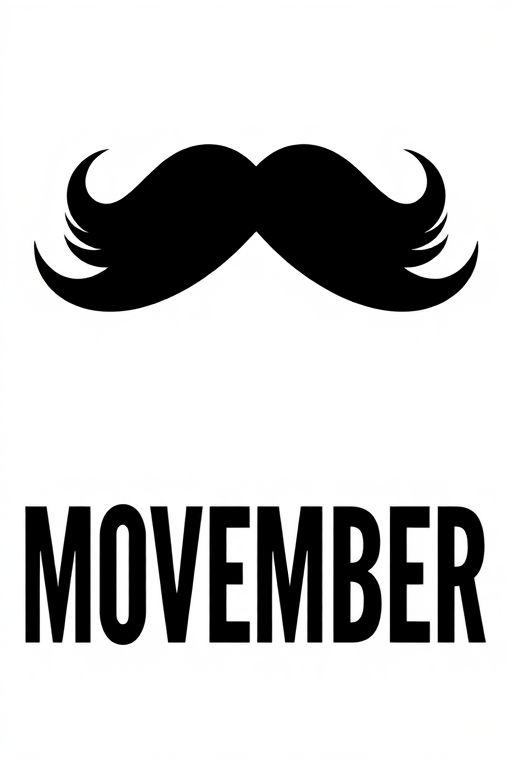 Generate a sleek black mustache logo with bold lettering saying "MOVEMBER" underneath, shot in high resolution with a DSLR camera, f/2.8 aperture, 50mm lens, and a clean white background for enhanced contrast.