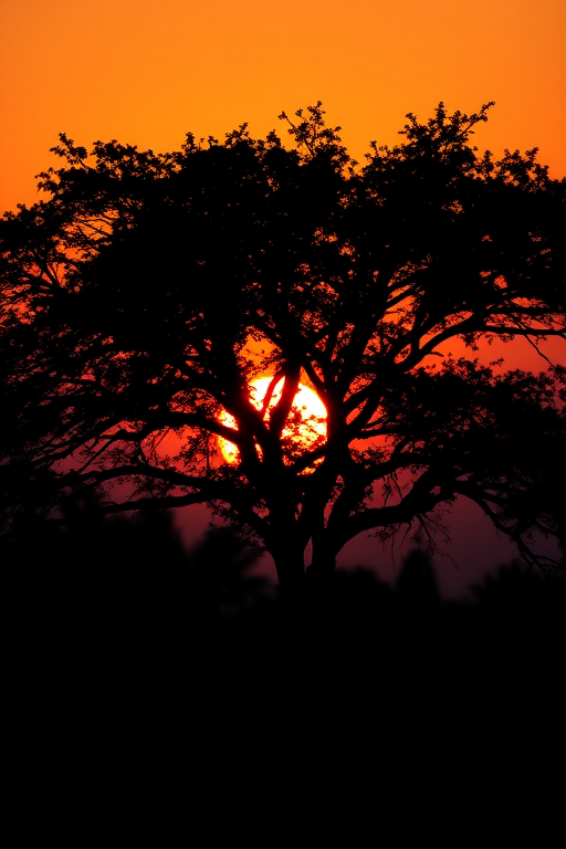 Create a highly detailed illustration of a black silhouette of a tree, captured with a DSLR camera at f/2.8 aperture, ISO 100, 1/250 shutter speed, taken from a low angle with a shallow depth of field against a gradient sunset background.