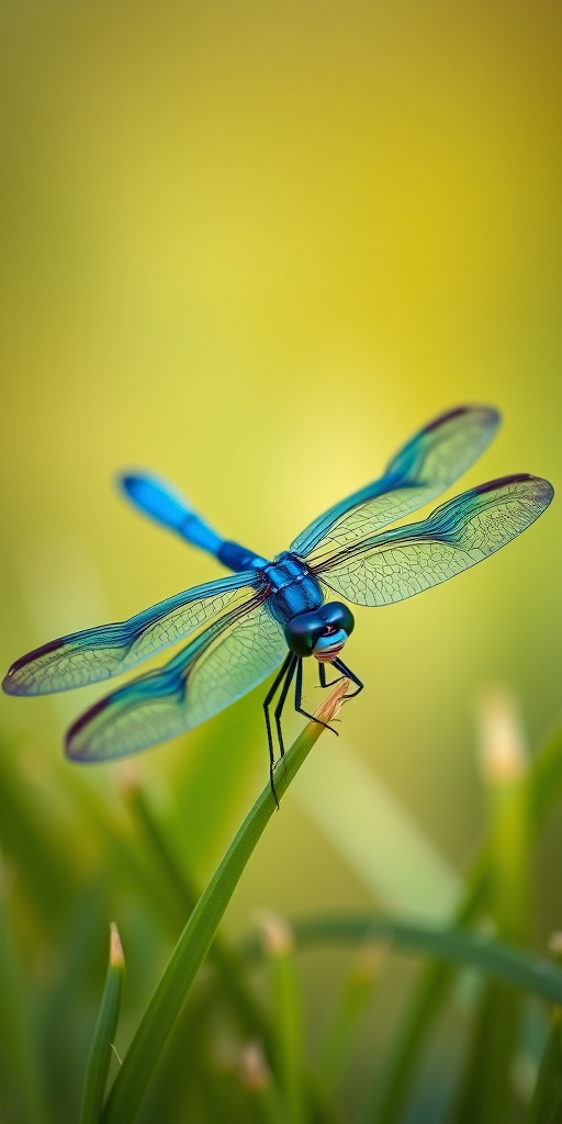 macro shot of a vibrant blue dragonfly perched on green grass with a soft gradient background, aperture f/2.8, shutter speed 1/250s, ISO 100, taken with a DSLR camera, natural lighting, close-up view
