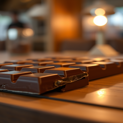 Generate a high-resolution image of a chocolate bar with a glossy surface under soft lighting, using a DSLR camera with a 50mm lens, aperture set to f/2.8, ISO 100, and a shallow depth of field for a blurred background.