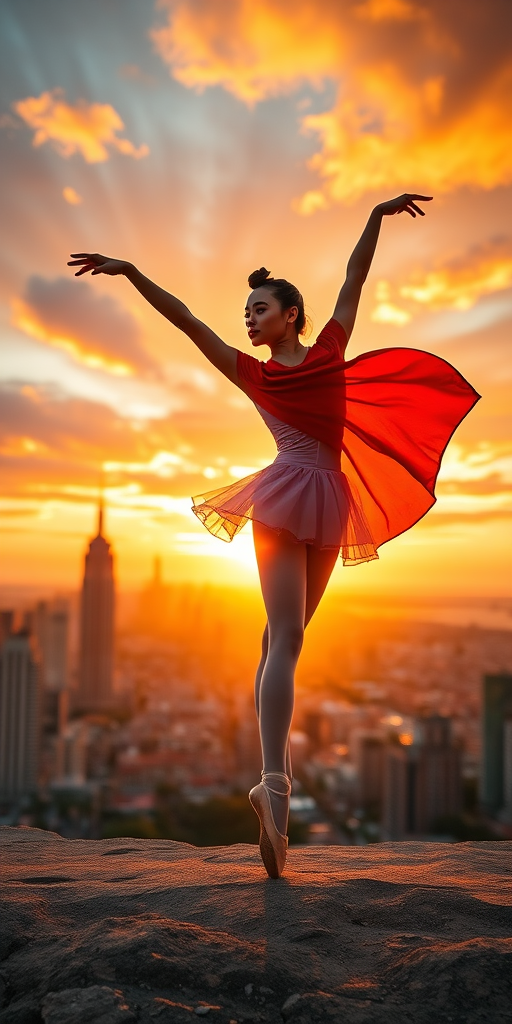 Create an image of a superhero ballet dancer in a dynamic pose wearing a colorful cape, overlooking a vibrant city skyline at sunset, using a Canon EOS R5 with a 24-70mm lens at f/8, ISO 100, 1/200s, and a wide-angle perspective for enhanced depth and clarity.