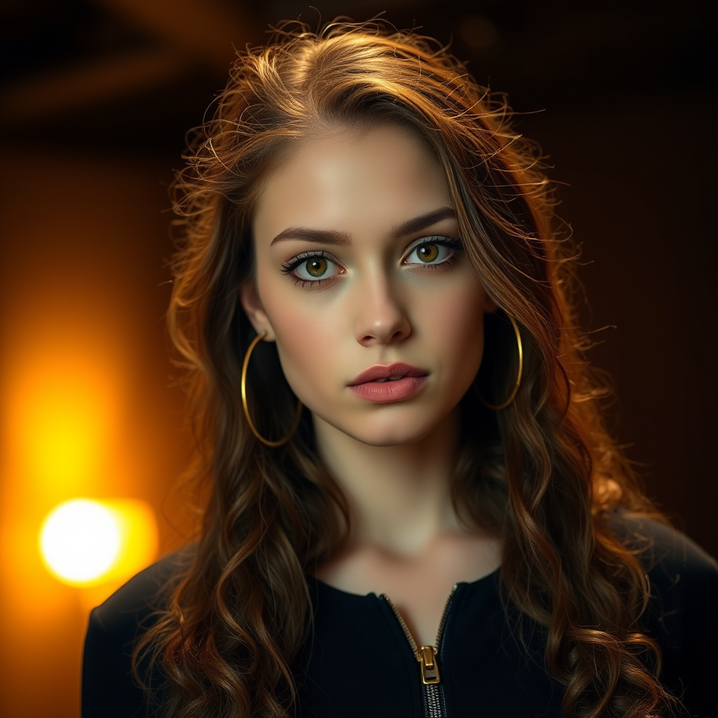 A young woman with long, curly brown hair is looking directly at the viewer. She is wearing a black top with a zipper down the front. The setting is a dimly lit interior space, with a warm, golden light emanating from the background. Her expression is neutral, with a hint of seriousness. The image is a close-up portrait with a shallow depth of field, focusing on the woman's face and torso. The background is blurred, creating a soft and intimate atmosphere.  She is wearing large gold hoop earrings, and a small gold chain is visible around her neck.  Her makeup is natural and simple, highlighting her brown eyes. The lighting creates subtle shadows that accentuate her features.  Her skin is smooth and glows in the soft light. The composition is balanced, with the woman's face positioned in the center of the frame.  The image is focused on capturing her beauty and confidence.