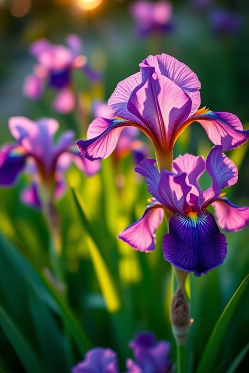 Capture a close-up shot of vibrant purple irises surrounded by lush green foliage using a Canon EOS R5 with an 85mm f/1.4 lens, aperture set to f/2.8, ISO 100, and a shallow depth of field to create a soft background blur, shot in natural light during golden hour.