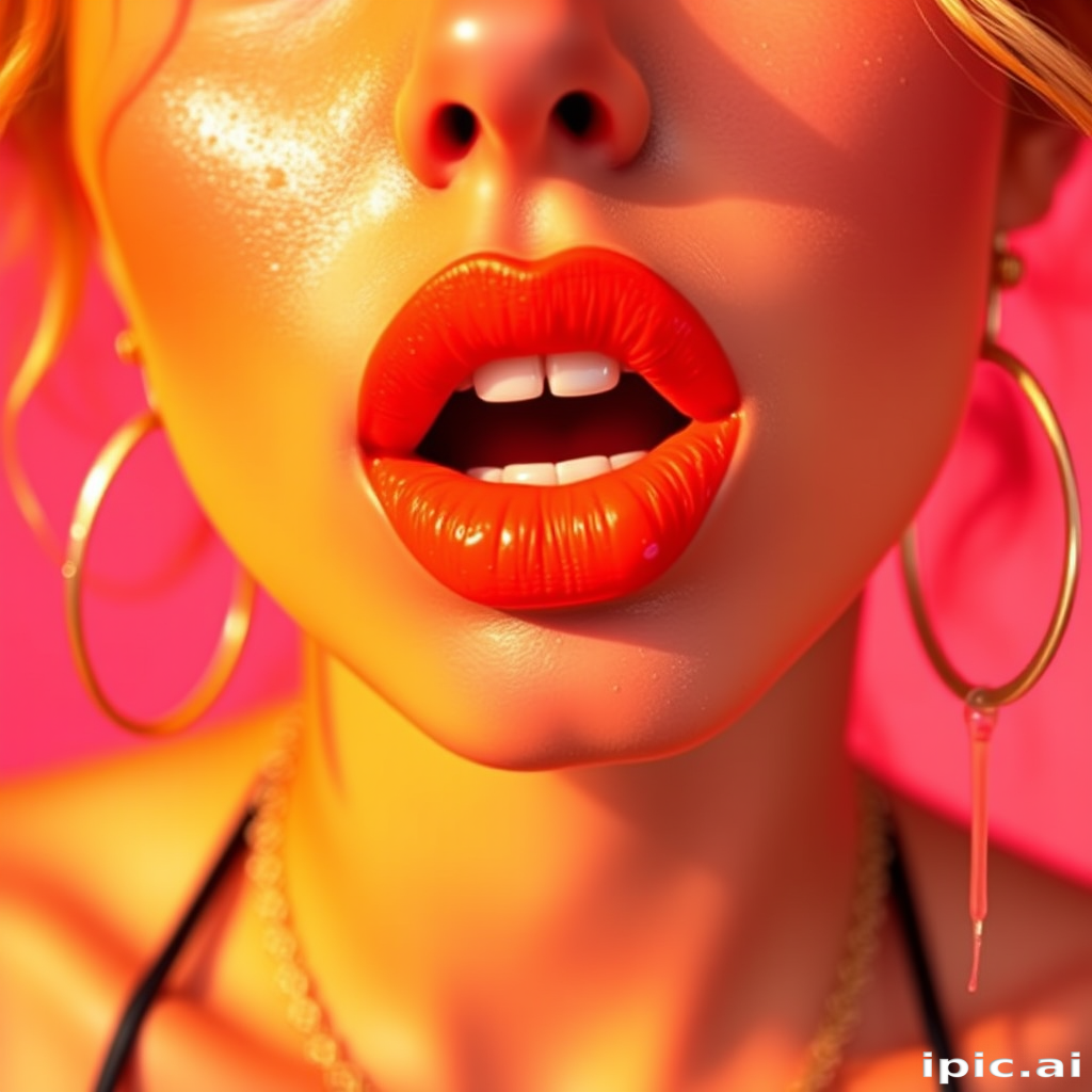 Bright neon orange lips with a semi-matte finish, exuding energy and vibrancy, perfect for a retro-inspired summer festival look