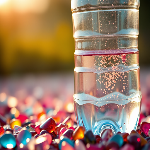 a close-up shot of a clear plastic water bottle filled with a colorful liquid, surrounded by scattered vibrant glass stones, shallow depth of field, golden hour lighting, soft focus background, taken with a DSLR camera at f/2.8, ISO 200, 50mm lens, using a low angle perspective