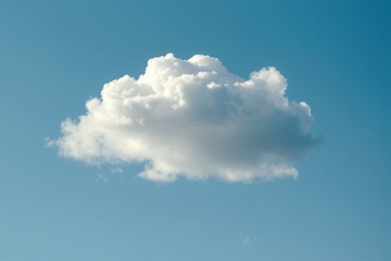 Create a soft, fluffy cloud on a clear blue sky background, using a Canon EOS R5 with a 50mm lens, aperture f/2.8, ISO 100, and a shallow depth of field for a dreamy effect.