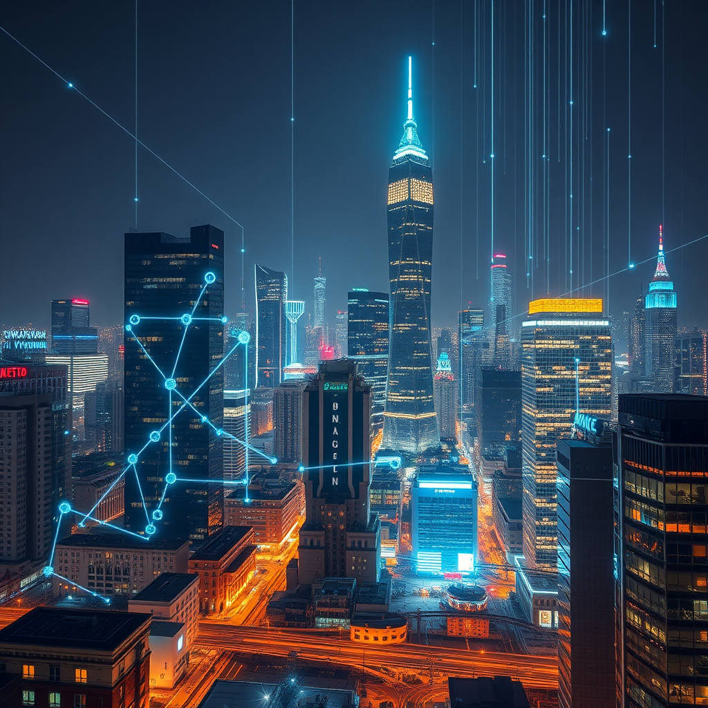 Create a futuristic cityscape with digital elements, showcasing skyscrapers illuminated at night, interconnected by glowing network lines and data streams, using a DSLR camera, ISO 100, f/8 aperture, 24mm lens, shot in a long exposure style for enhanced clarity and depth.