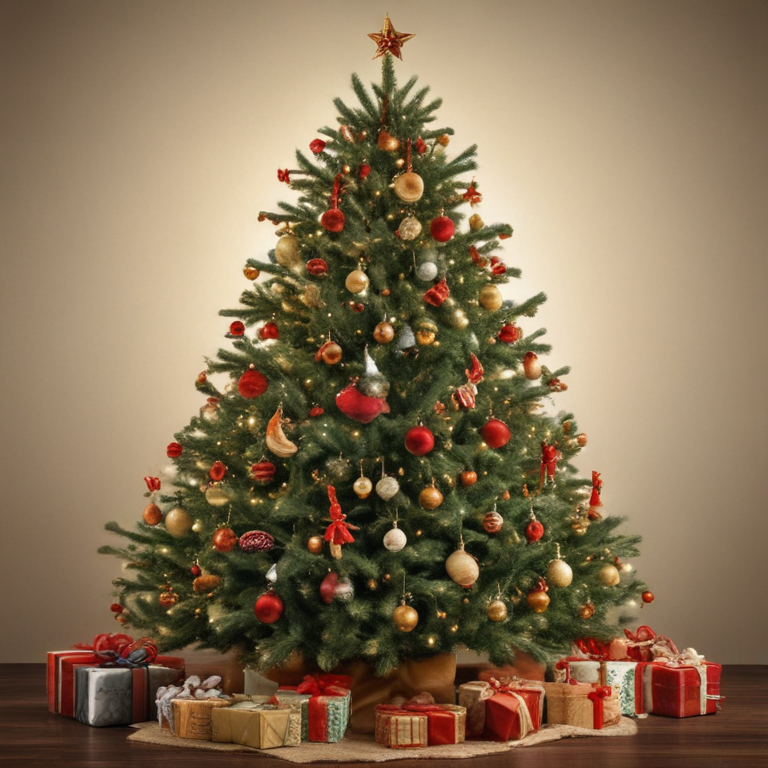 Festively Decorated Christmas Tree Surrounded by Colorful Wrapped Gifts