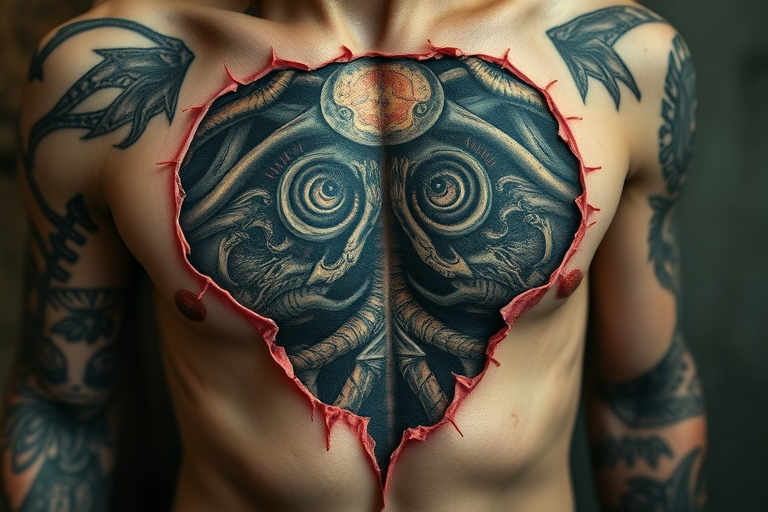 Horror-themed biomechanical tattoo revealing grotesque alien anatomy beneath torn flesh, incorporating elements of H.R. Giger's artwork for a disturbing and fascinating effect