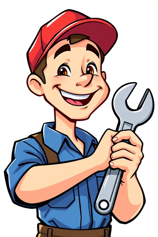 Create an illustration of a cheerful mechanic holding a wrench, wearing a red cap and a blue shirt, with a bright background, using a digital drawing tablet, high resolution, 300 DPI, 3-point perspective, vibrant colors.