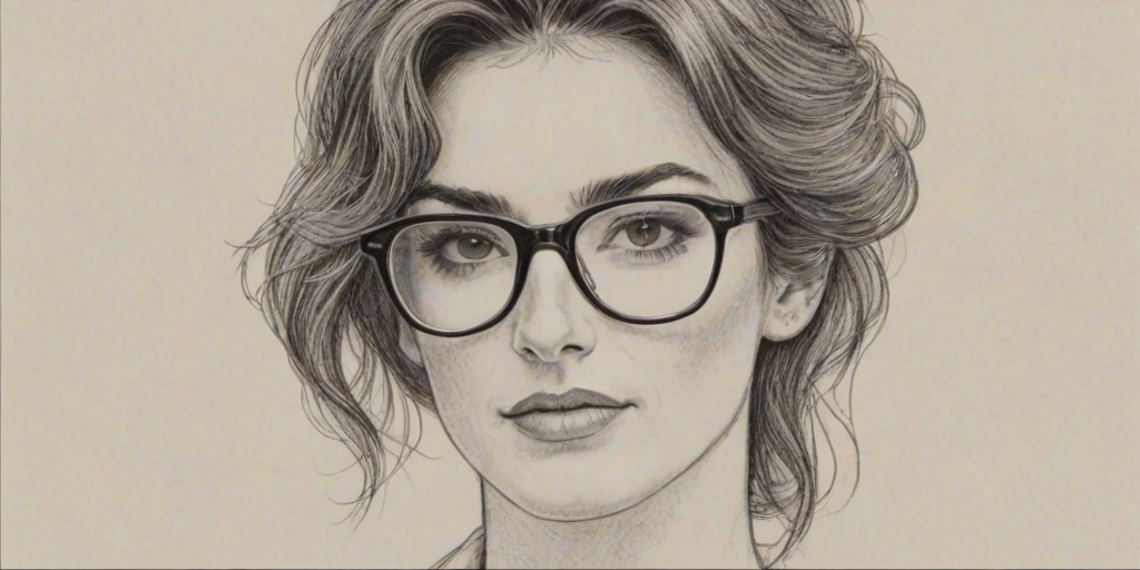Superb Paz Vega, pencil sketch, portrait of Enticing woman 1976s in glasses, hair style beatnik, outline, clear lines, fine lines, 8k