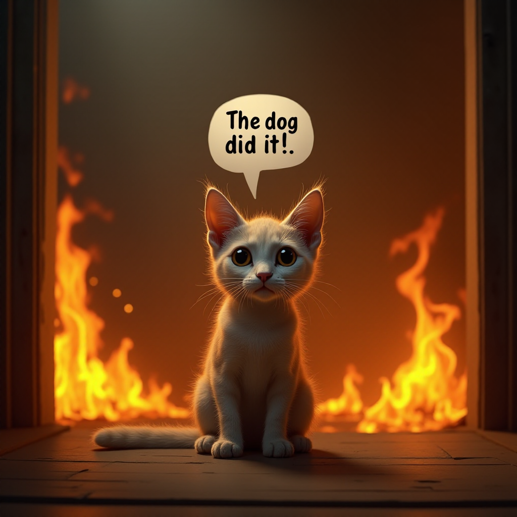 Photorealistic image of an innocent-looking cat sitting calmly in the middle of a burning room. Flames engulf the room, with fire licking up the walls and smoke filling the air. The cat is sitting on the floor, looking directly at the viewer with wide, innocent eyes. Above the cat, a speech bubble says "The dog did it". The contrast between the cat's calm demeanor and the chaos around it creates a humorous and surreal scene.