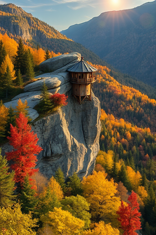 regenerate a landscape image of a rocky cliff with a lookout point surrounded by vibrant green and autumn-colored trees in a mountainous area, capture it using a DSLR camera with a 24mm lens, aperture f/8, ISO 100, shot from a high vantage point during golden hour for enhanced lighting and colors