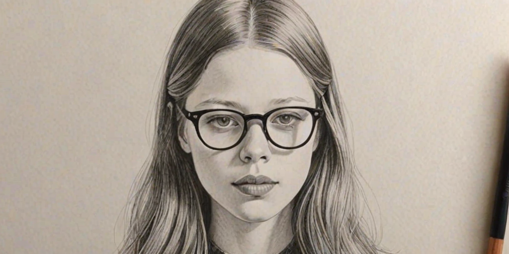 Lovely Mia Goth, pencil sketch, portrait of Charming woman 1970s in glasses, hair style beatnik, outline, clear lines, fine lines, 8k