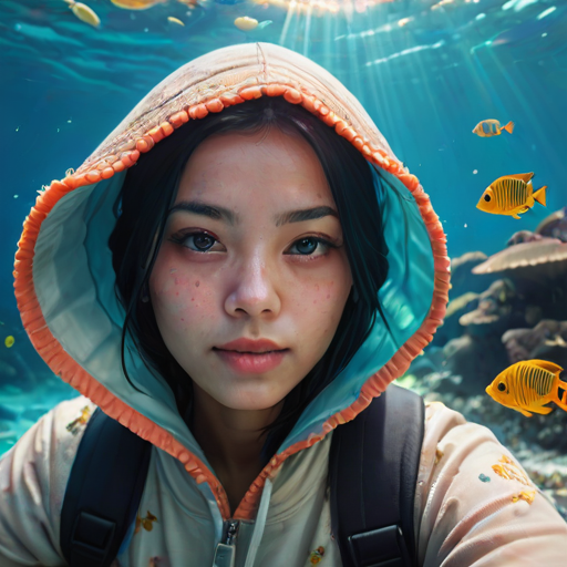 Realistic selfie image of a Chinese, wearing a vintage outfit, detailed dreamy eyes, droopy hooded eyes, staring at the camera, taken underwater at coral reef with a sunbeam filtering through the water, vibrant, summer vacation, natural lighting, turtle and school of tropical fish with vibrant colors, rendered in the style of CryEngine, Pegi Nicol MacLeod, with realistic genre scenes, hauntingly beautiful narratives, ultra-realism, and Thomas Saliot's close-up technique, 8K resolution, crystal clear and sparkling water.