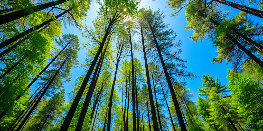 Generate a detailed image of a lush green forest with tall trees and a clear blue sky, using a DSLR camera with a 50mm lens, aperture f/2.8, 1/200s shutter speed, ISO 100, shot from a low angle to capture the height of the trees.