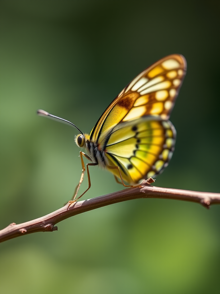 close-up shot of a butterfly resting on a twig with vibrant yellow and green patterns, focus on intricate details of wings, soft natural lighting, shallow depth of field, camera settings: aperture f/2.8, shutter speed 1/200s, ISO 100, camera view: macro, camera style: portrait, camera type: DSLR