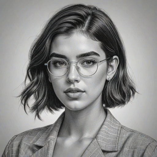 Magnificent Dua Lipa, pencil sketch, portrait of Wonderful woman 1945s in glasses, hair style beatnik, outline, clear lines, fine lines, 8k