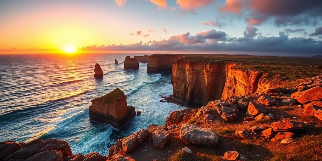 sunset over ocean cliffs with rock formations in foreground, warm golden light, captured with a Canon EOS 5D Mark IV, 24mm lens, aperture f/8, ISO 100, shutter speed 1/125 sec, wide-angle view, vibrant colors and high dynamic range