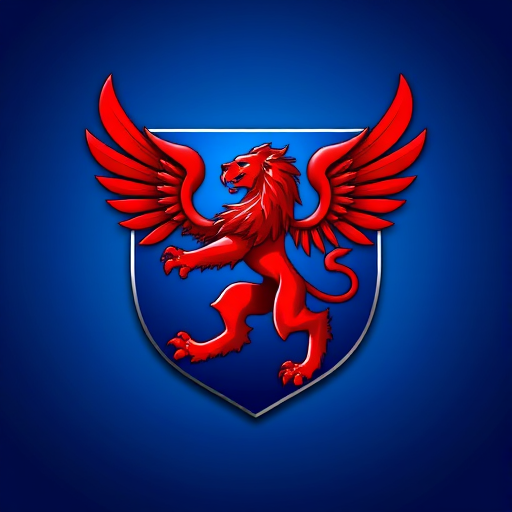 Create a vibrant digital illustration of a coat of arms featuring a red lion with wings on a blue background, shield shape, sharp focus, aperture f/5.6, focal length 50mm, high dynamic range imaging, shot with a DSLR camera.