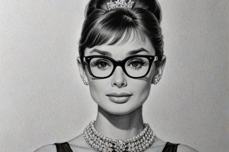 Stunning Audrey Hepburn, pencil sketch, portrait of Superb woman 1966s in glasses, hair style beatnik, outline, clear lines, fine lines, 8k