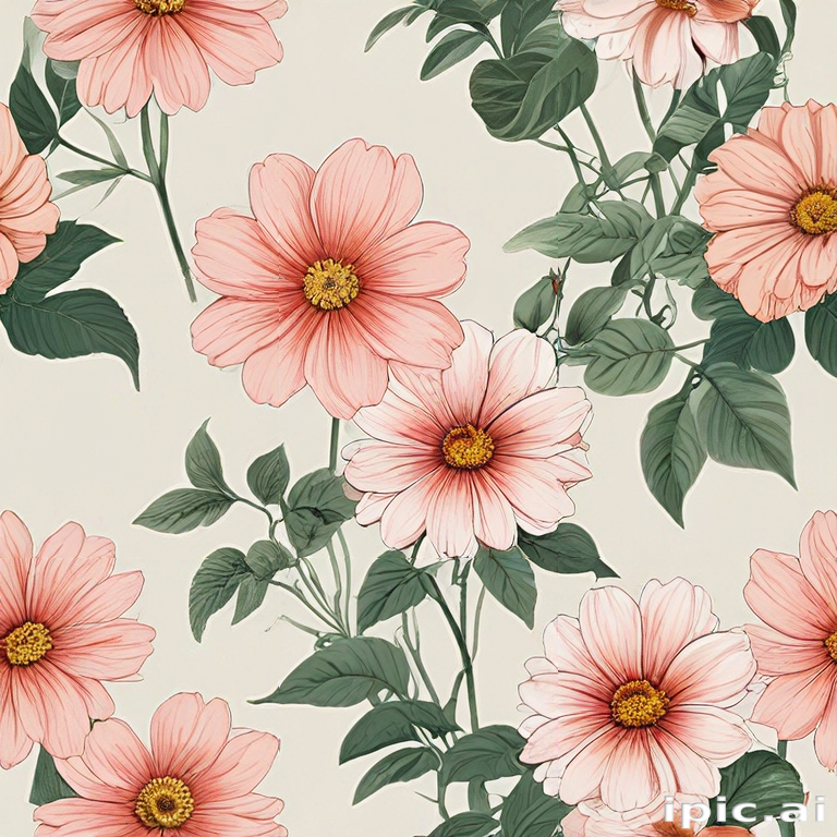 Delicate Floral Pattern Featuring Soft Pink Flowers and Lush Green Leaves