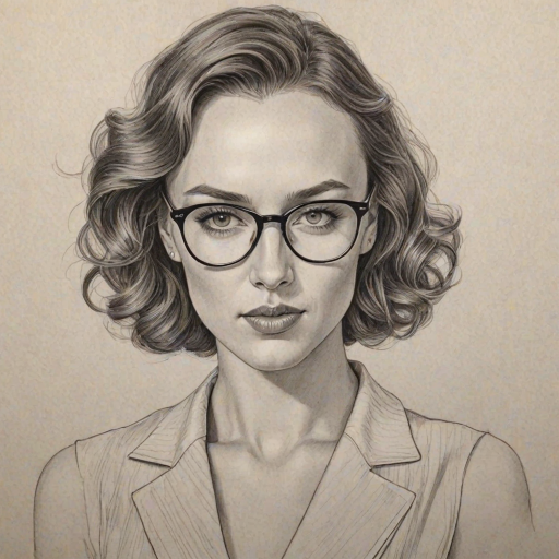 Exquisite Jessica McNamee, pencil sketch, portrait of Elegant woman 1935s in glasses, hair style beatnik, outline, clear lines, fine lines, 8k