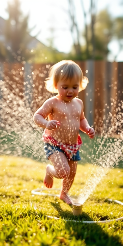 Blurry, candid shot of a child running through a sprinkler in a sunlit backyard, water droplets catching the golden afternoon light, with the soft outline of a wooden fence and trees in the background.