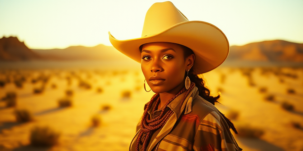 Dramatic photo of a beautiful Cape Verdean woman, classic cowboy attire, confident and free spirit expression, half-length portrait, centered, golden hour desert landscape, warm, diffused light, low angle, medium format film camera, in style of Annie Leibovitz.