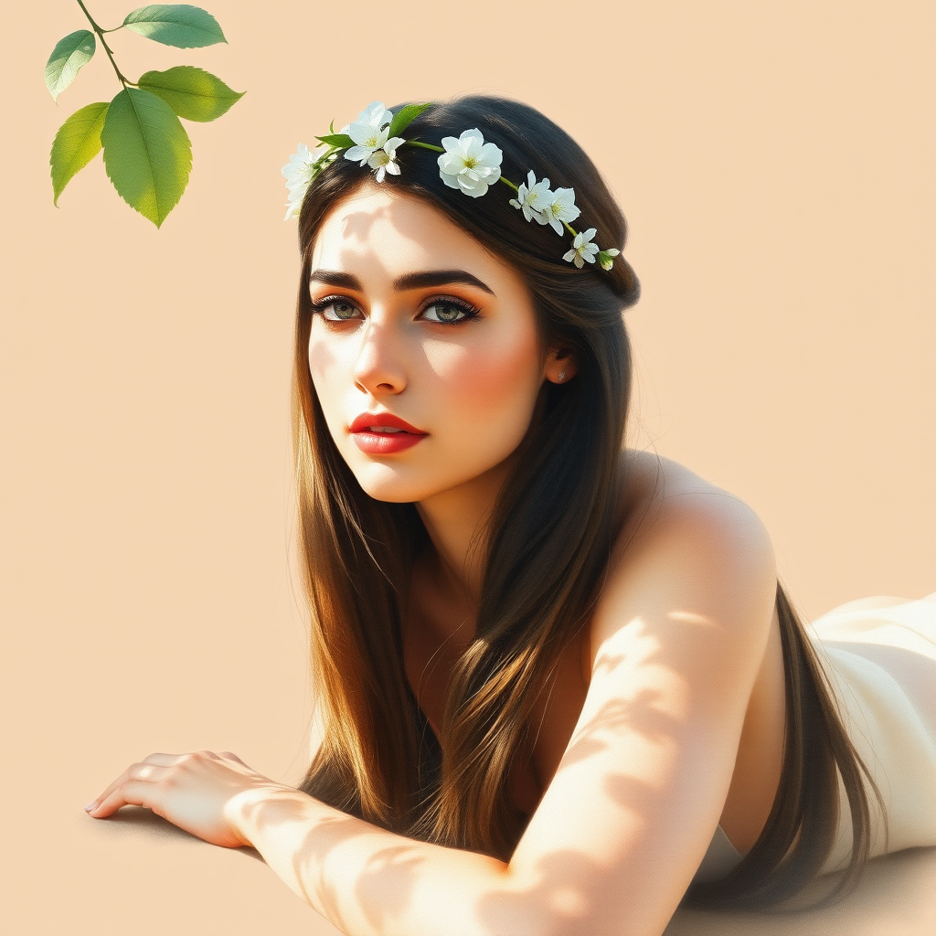 create a watercolor painting of an ethereal portrait of beautiful Assyrian woman with a simple white flower crown on her head. Her hair is long and she is lying on the ground. The sunlight on the trees casts shadows from the leaves on her face and body. The background is a neutral brown color that matches her skin tone. The image is minimalist and solid colors. This style is characterized by soft, delicate brushstrokes and a light, airy, contrasting color palette. High level of detail and play of light